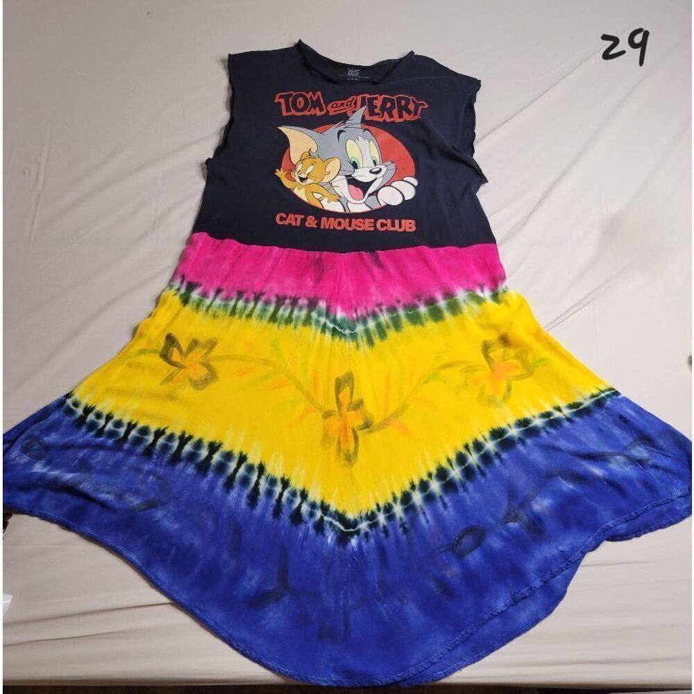 Upcycled repurposed tshirt dress Tom and Jerry bohemian tyedye swim cover women'